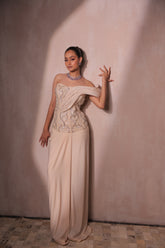 Ivory Sculpted Corset Gown with Draped Skirt | Off-Shoulder Evening Dress